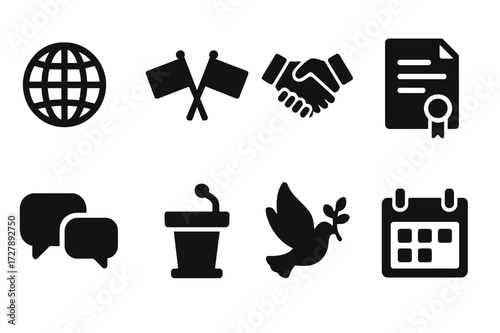 International Negotiation Icons. Solid, filled icon set of international negotiation: globe, flags, handshake, treaty document, speech bubbles, podium, peace