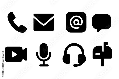 Communication Icons Grid. Solid, filled icon set of solo communication: phone call, letter, email, message bubble, video chat, microphone, headset, postbox.