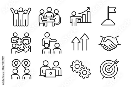 Motivational Icons Grid. Team motivation. Line icon set of team motivation: cheering teammates, group discussion, progress chart, goal flag, puzzle completion,