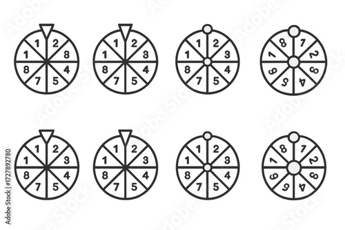 Numeric Game Wheel Icons. Outline icon set of wheel of numbers: wheel with digits, spin indicator, segment divisions, circular pointer, prize sectors, rotating