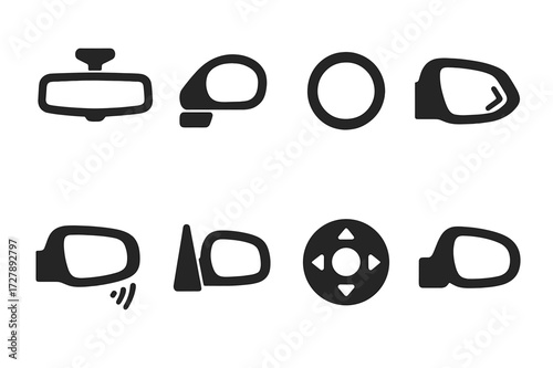 Automotive Mirror Icons. Solid, filled icon set of automotive mirrors: rearview mirror, side mirror, blind spot mirror, convex mirror, mirror turn signal,