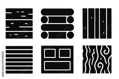 Wood Texture Icons. Solid, filled icon set of wooden walls textures: plank wall, log cabin, timber frame, vertical boards, horizontal slats, wooden panel, bark