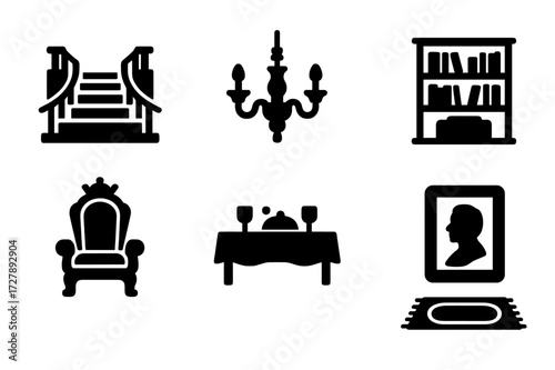 Manor Icon Set. Solid, filled icon set of manor interiors: grand staircase, chandelier, fireplace, library, throne, dining table, portrait, carpet. Solid,