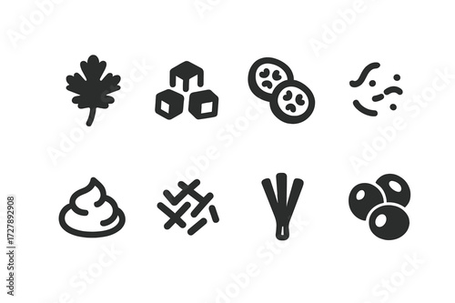 Bean Dip Garnish Icons. Solid, filled icon set of bean dip garnishes: chopped cilantro, diced tomatoes, sliced jalapenos, lime zest, sour cream dollop,