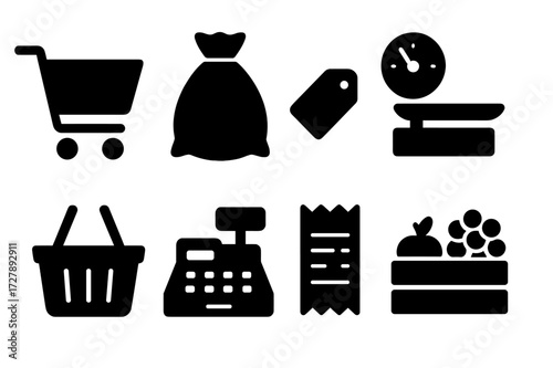 Grocery Shopping Icons. Solid, filled icon set of grocery shopping: shopping cart, black bean bag, price tag, scale, basket, cash register, receipt, produce