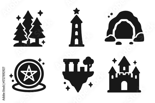 Magical Locations Icons. Solid, filled icon set of magical locations: enchanted forest, wizard tower, magic circle on ground, mystical cave, ancient ruins,