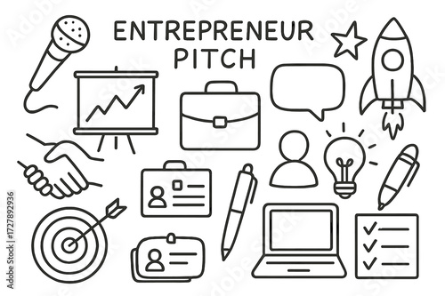 Entrepreneur Pitch Icons. Hand-drawn doodle illustration Entrepreneur pitch identity [microphone, presentation board, graph, handshake, briefcase, speech