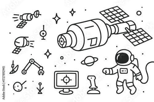 Space Station Doodle. Hand-drawn doodle illustration approaching space station spacecraft, station module, solar panels, thrusters, radar, docking target,