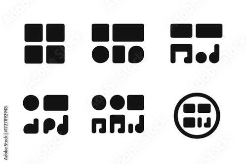 Music Beat Icons. Solid, filled icon set of beat patterns: four on the floor, boom bap, trap beat, shuffle, swing, polyrhythm, ostinato, breakbeat loop. Solid,