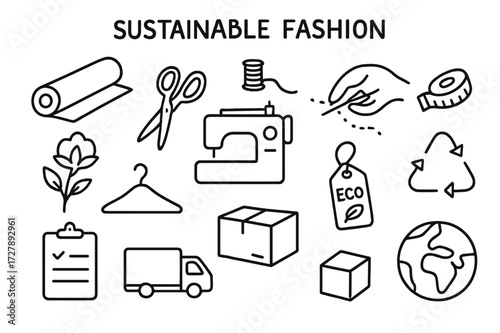 Sustainable Fashion Icons. Hand-drawn doodle illustration Sustainable fashion workflow, fabric roll, scissors, thread spool, sewing machine, hand stitching,