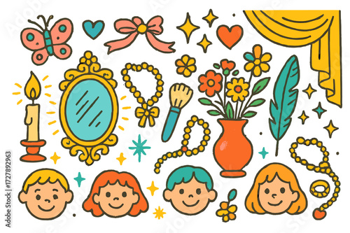 Colorful Retro Elegance. Retro elegance. Colorful Hand-drawn doodle Children illustration Ornate mirror, frame, candle, flowers, ribbon, jewelry, light rays,
