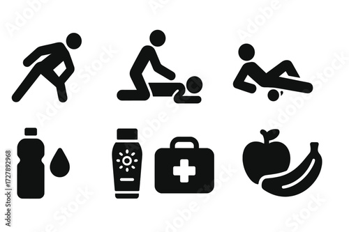 Jogging Care Icons. Solid, filled icon set of jogging body care: stretching, massage, foam roller, hydration, sunscreen, first aid, rest, nutrition. [Line