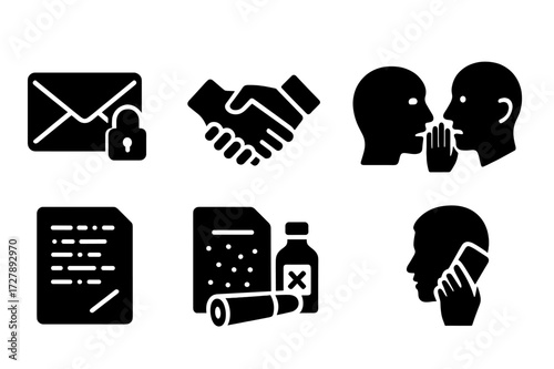 Secret Communication Icons. Solid, filled icon set of secret communication: locked envelope, secret handshake, hidden message, whispering faces, coded message,