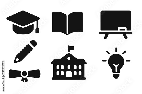 Educational Icon Set. Solid, filled icon set of educational initiatives: graduation cap, open book, chalkboard, pencil, diploma, school building, lightbulb