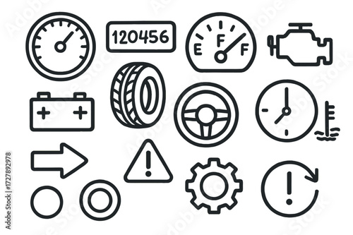 Car Dashboard Icons. Hand-drawn doodle illustration [Car dashboard symbols] [speedometer, odometer, fuel gauge, engine, battery, tire, steering wheel, clock,