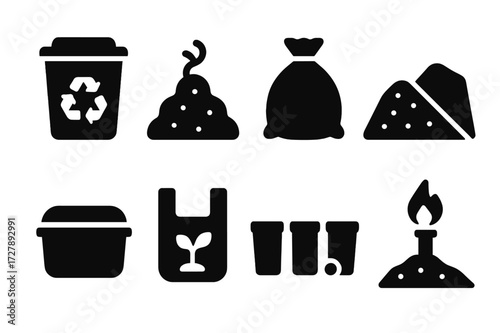 Sustainable Waste Icons. Solid, filled icon set of sustainable waste management: recycling bin, compost heap, trash bag, landfill site, reusable container,