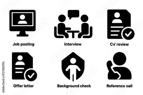 Recruitment Icons Grid. Solid, filled icon set of recruitment process: job posting, interview, CV review, candidate selection, offer letter, onboarding,