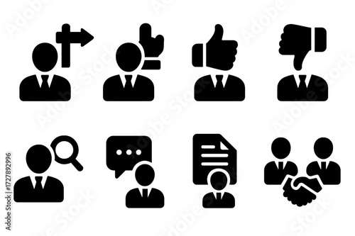 Manager Decision Icons. Solid, filled icon set of manager decision making: choice, vote, approval, rejection, analysis, feedback, report, agreement. [Line