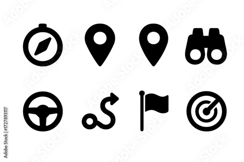 Navigation Icon Set. Solid, filled icon set of navigation targets: compass, map pin, GPS marker, binoculars, steering wheel, path, flag, radar. [Line icons in