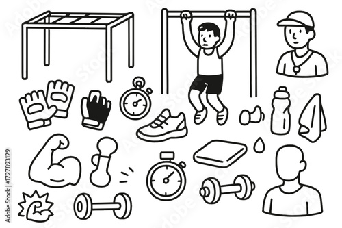 Monkey Bars Workout. Hand-drawn doodle illustration [monkey bars fitness training] [monkey bars, pull-up pose, hand grip, gloves, stopwatch, gym shoes, water