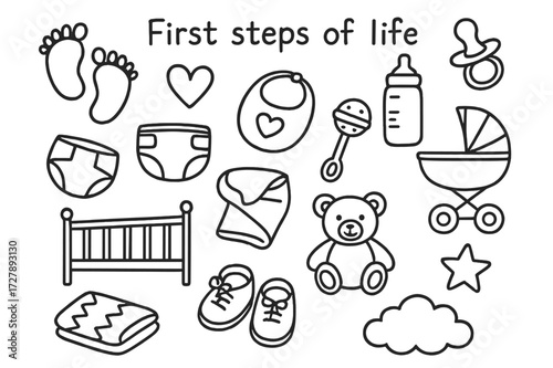 Baby's First Essentials. Hand-drawn doodle illustration First steps of life baby feet, heart, pacifier, bottle, diaper, bib, rattle, crib, stroller, baby