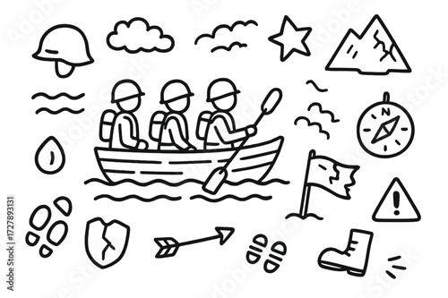 Retreat Across River. Hand-drawn doodle illustration Retreat across river soldier figures, boat, oar, helmet, backpack, wave, cloud, star, mountain, compass,