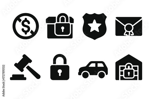Government Seizure Icons. Solid, filled icon set of government seizure: confiscated assets, locked box, police badge, sealed envelope, auction hammer, security