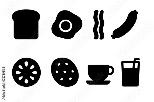 Breakfast Icons Grid. Solid, filled icon set of breakfast items with toast: fried egg, bacon strip, sausage link, tomato slice, hash browns, coffee cup, orange