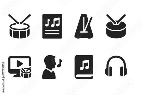 Drumline Education Icons. Solid, filled icon set of drumline education: drum lesson, sheet music, metronome, practice pad, video tutorial, instructor, music