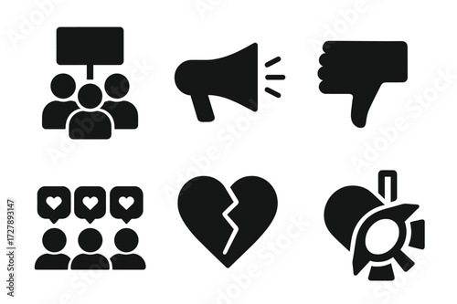 Public Reaction Icons. Solid, filled icon set of scandal public reaction: protest sign, angry crowd, megaphone, thumbs down, social media likes, broken heart,