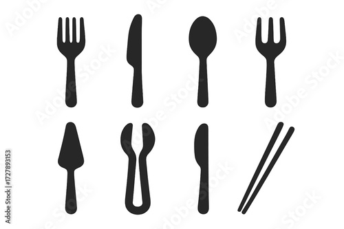 Utensils Icon Set. Solid, filled icon set of plate related utensils: fork, knife, spoon, serving fork, cake server, salad tongs, butter knife, chopsticks. Line