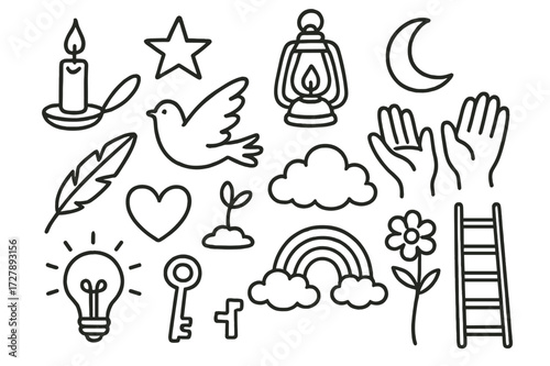 Symbols of Hope. Hand-drawn doodle illustration hope in darkness candle, lantern, star, moon, open hands, feather, dove, cloud, rainbow, heart, sprout, flower,