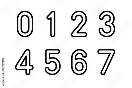 Outlined Digit Icons. Outline icon set of counting digits: , , , , , , , . Line icons in only black color, consistent stroke weight of 2px across all icons and