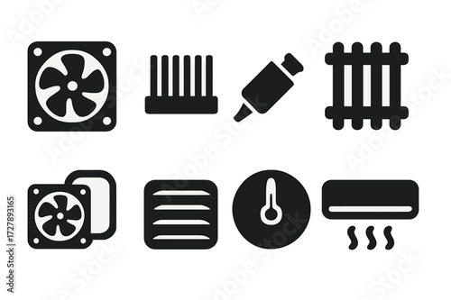 Heat Management Icons. Solid, filled icon set of heat management tools: cooling fan, heat sink, thermal paste, radiator, liquid cooler, ventilation grill,