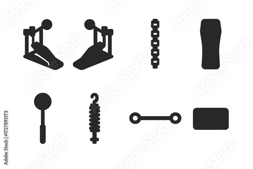Drum Pedal Components. Solid, filled icon set of double pedal components: left pedal, right pedal, chain drive, footboard, beater, spring tensioner, connecting
