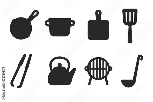 Iron Cooking Utensils. Solid, filled icon set of iron cooking utensils: cast iron skillet, iron pot, iron griddle, iron spatula, iron tongs, iron kettle, iron