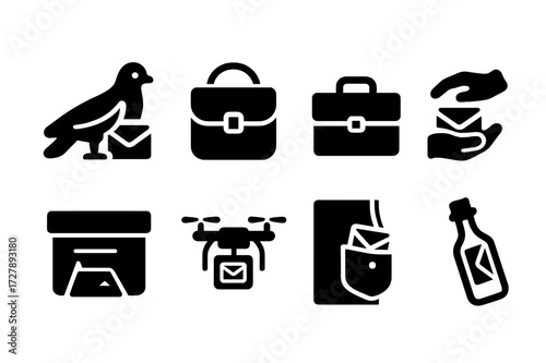 Secret Note Icons. Solid, filled icon set of secret note delivery methods: pigeon, courier bag, briefcase, handoff, secret compartment, drone, hidden pocket,