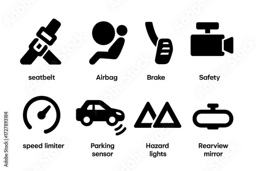 Vehicle Safety Icons. Solid, filled icon set of vehicle safety features: seatbelt, airbag, brake pedal, safety camera, speed limiter, parking sensor, hazard