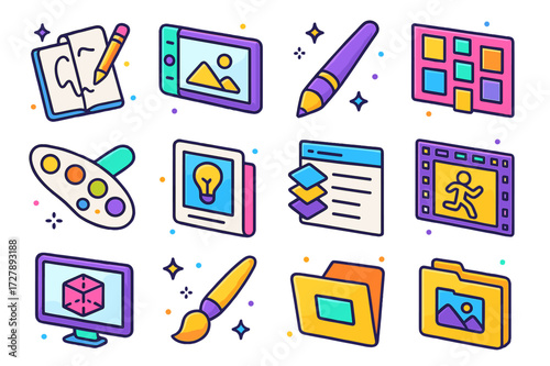 Creative Process Icons. Creative process. Colorful isometric vector icons set of Creative process: sketchbook, digital canvas, stylus pen, mood board, color