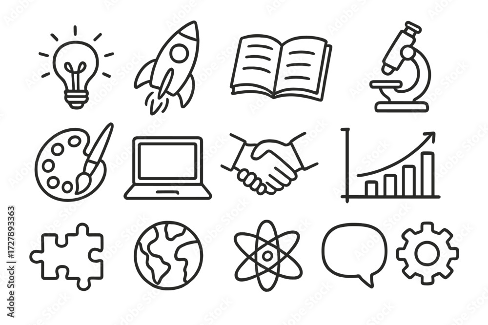 Fototapeta premium Creative Idea Doodles. Hand-drawn doodle illustration Cross-disciplinary ideas light bulb, rocket, book, microscope, palette, paintbrush, laptop, handshake,
