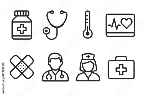 Healthcare Icon Set. Outline icon set of health in raising: medicine bottle, stethoscope, thermometer, heart monitor, bandage, doctor, nurse, first aid kit.