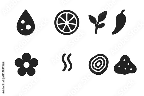 Bitters Flavor Icons. Solid, filled icon set of bitters flavor profiles: bitter, citrus, herbal, spicy, floral, aromatic, woody, earthy. Solid, filled icons in