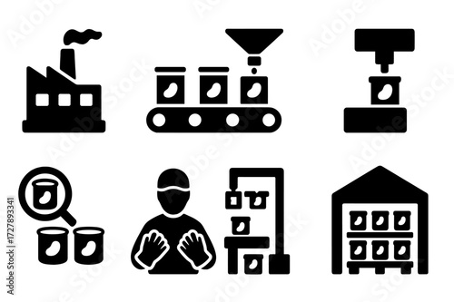 Canned Beans Icon Set. Solid, filled icon set of canned beans production: factory, conveyor belt, filling machine, sealing machine, quality check, worker with