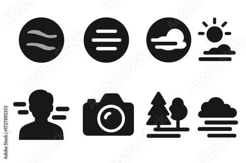 Fog Photography Icons. Solid, filled icon set of fog in photography and film: blurred lens, fog filter, misty shot, soft focus, backlight in fog, silhouette in