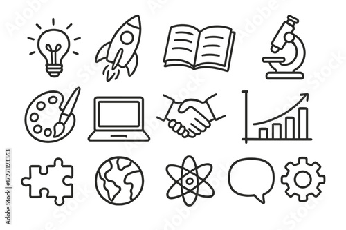 Creative Idea Doodles. Hand-drawn doodle illustration Cross-disciplinary ideas light bulb, rocket, book, microscope, palette, paintbrush, laptop, handshake,