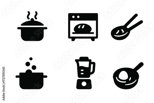 Healthy Cooking Icons. Solid, filled icon set of cooking methods for healthy food: steaming, grilling, baking, sauteing, boiling, roasting, blending, poaching.