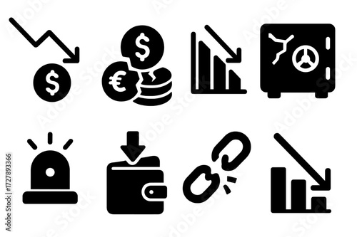 Economic Downturn Icons. Solid, filled icon set of economic downturn: falling currency, shattered money pile, descending bar graph, cracked safe, alarm bell,