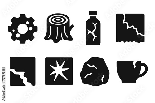 Material Lifespan Icons. Solid, filled icon set of lifespan in materials: metal rusting, wood aging, plastic cracking, fabric wear, paint peeling, glass
