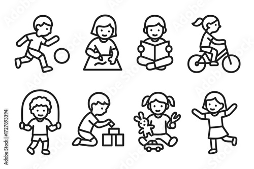 Children Activity Icons. Outline icon set of children activities: playing ball, drawing, reading book, riding bicycle, jumping rope, building blocks, playing