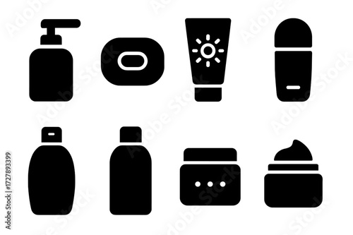 Body Care Icons. Solid, filled icon set of body care products: lotion, soap, sunscreen, deodorant, shampoo, conditioner, body scrub, moisturizer. Solid, filled